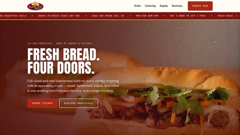 Home page of the Banh Mi & Rolls Factory website