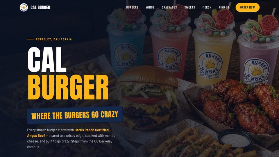 Home page of the Cal Burger & More website