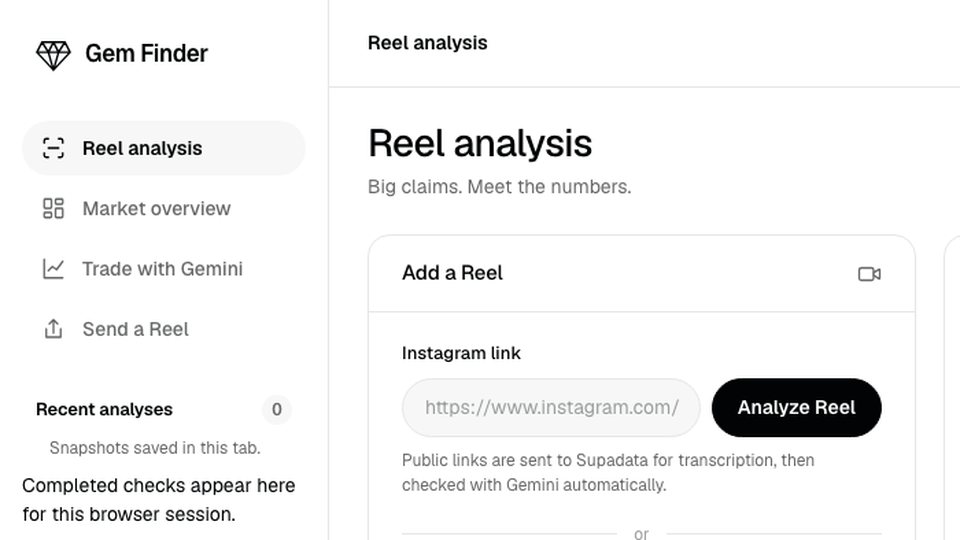 The Gem Finder Reel analysis screen
