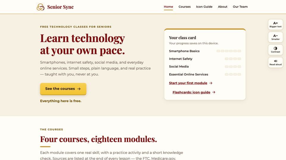 The Senior Sync course library home page